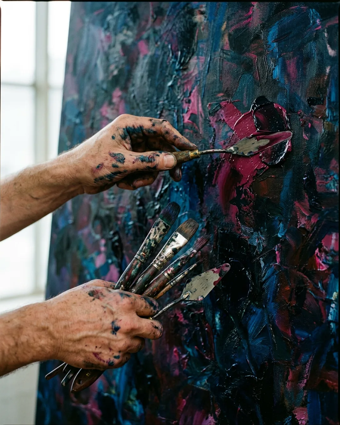 Artist hands and process in the studio