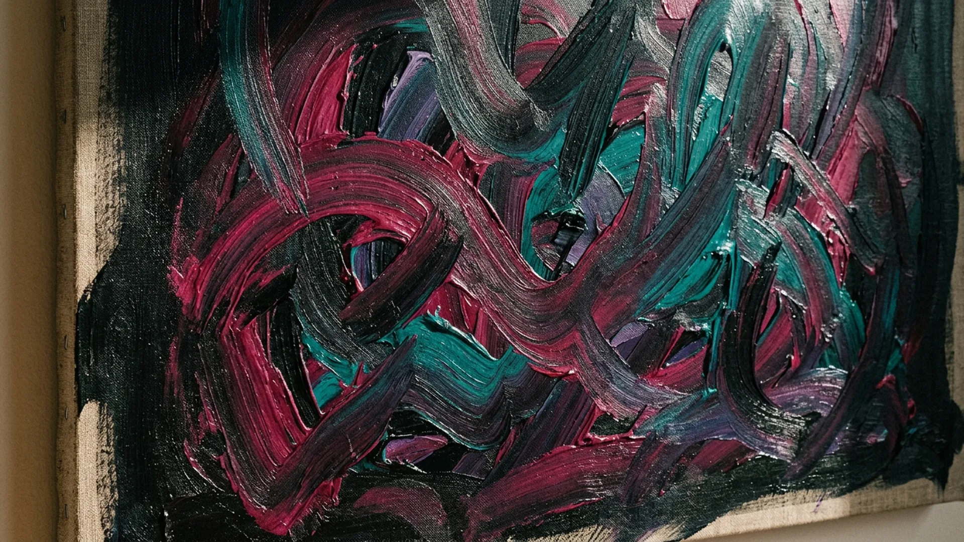 Abstract painting detail — near-black and magenta